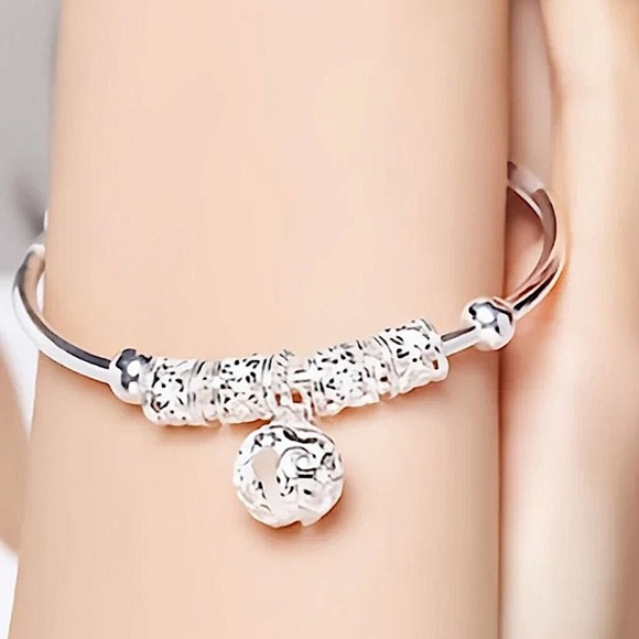 Boho Sterling Silver Resizable Ball Charm Bangle Bracelet - Picture 9 of 14